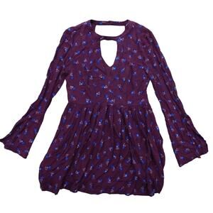 Free People Purple Floral Blue Print Rayon Fit Flare Dress Bell Sleeve Size 6